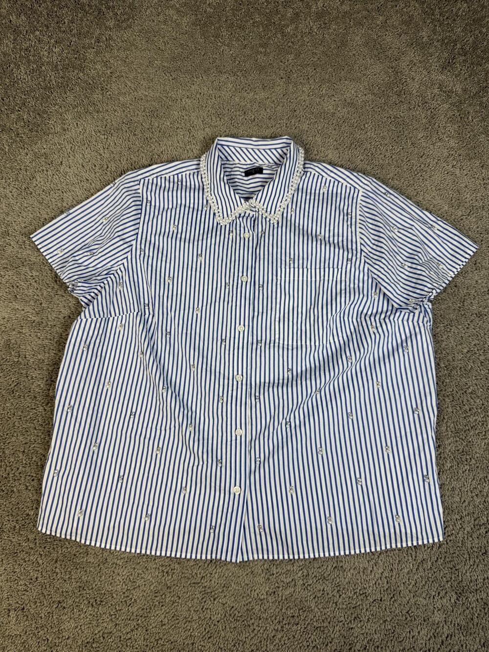 Talbots Tunic Womens 2X Blue Striped Button-Up Short Sleeve Collared Cotton